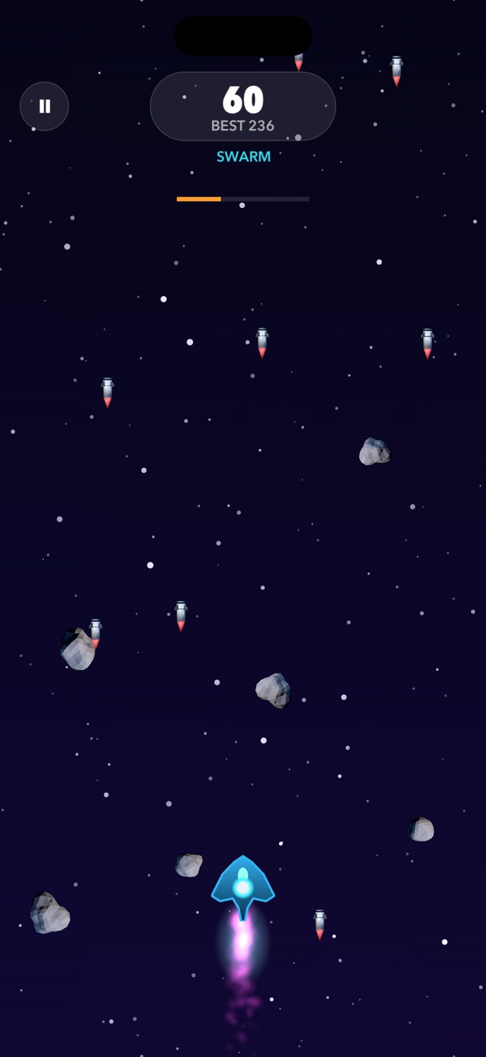 The ship slipping between falling rockets and rocks