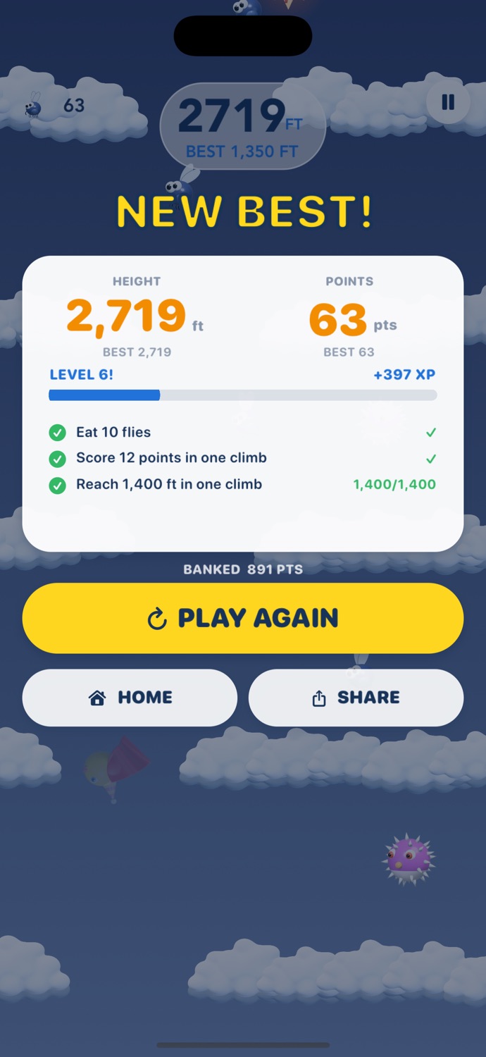 Results screen with height, points and level progress