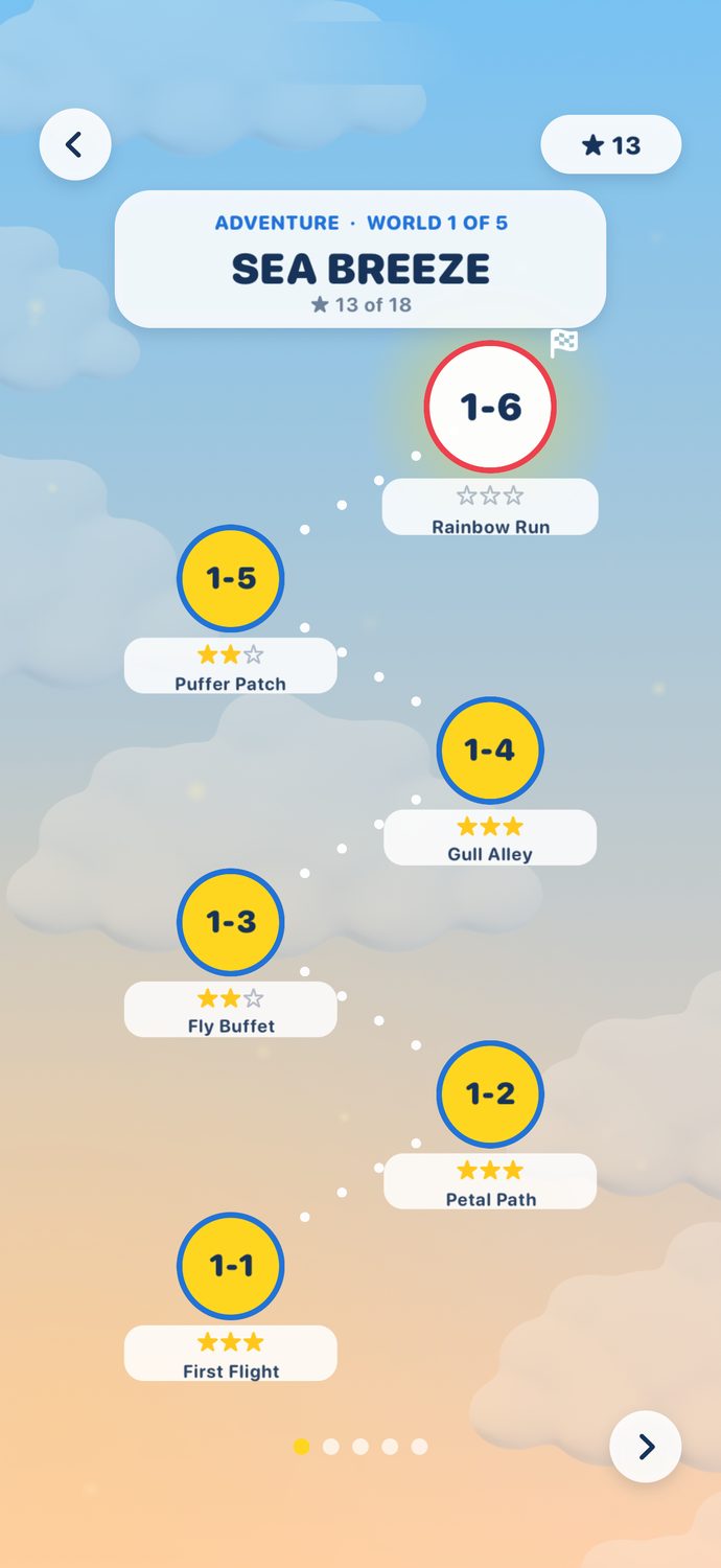 The Adventure map: six stages climbing a path through the sky, with the stars earned on each